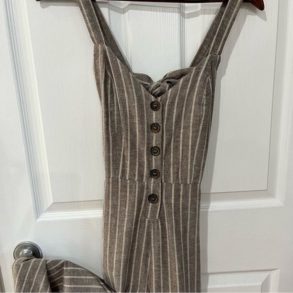 JAPNA Khaki Stripe Linen Romper Jumpsuit Boho Kawaii Bow Back Overall Pant Tie S - Picture 4 of 14